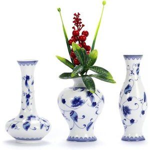 Chinese Ceramic Vase Set - Small Blue and White Porcelain Vases, Fambe Glaze